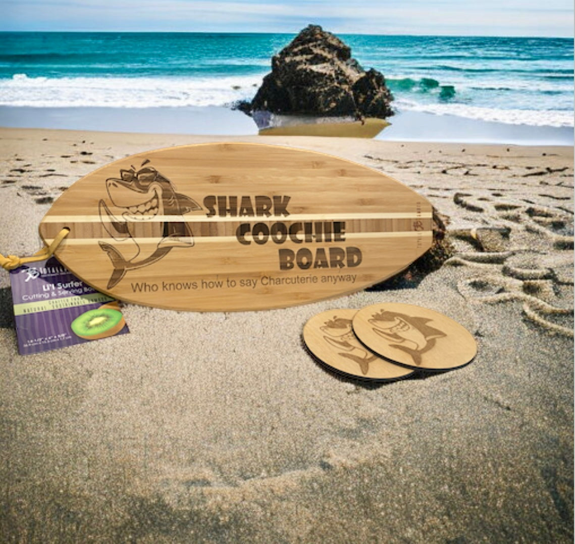 Shark Coochie Surf Board (Charcuterie Board) with 2 Coaster