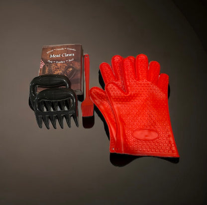 Barbecue Kit includes Red Heat Resistant Gloves, Red Silicone Baster and Meat Claws