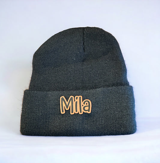 Kid Sized Black Beanie with Custom Leather Patch