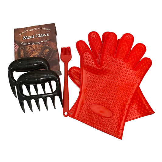 Barbecue Kit includes Red Heat Resistant Gloves, Red Silicone Baster and Meat Claws