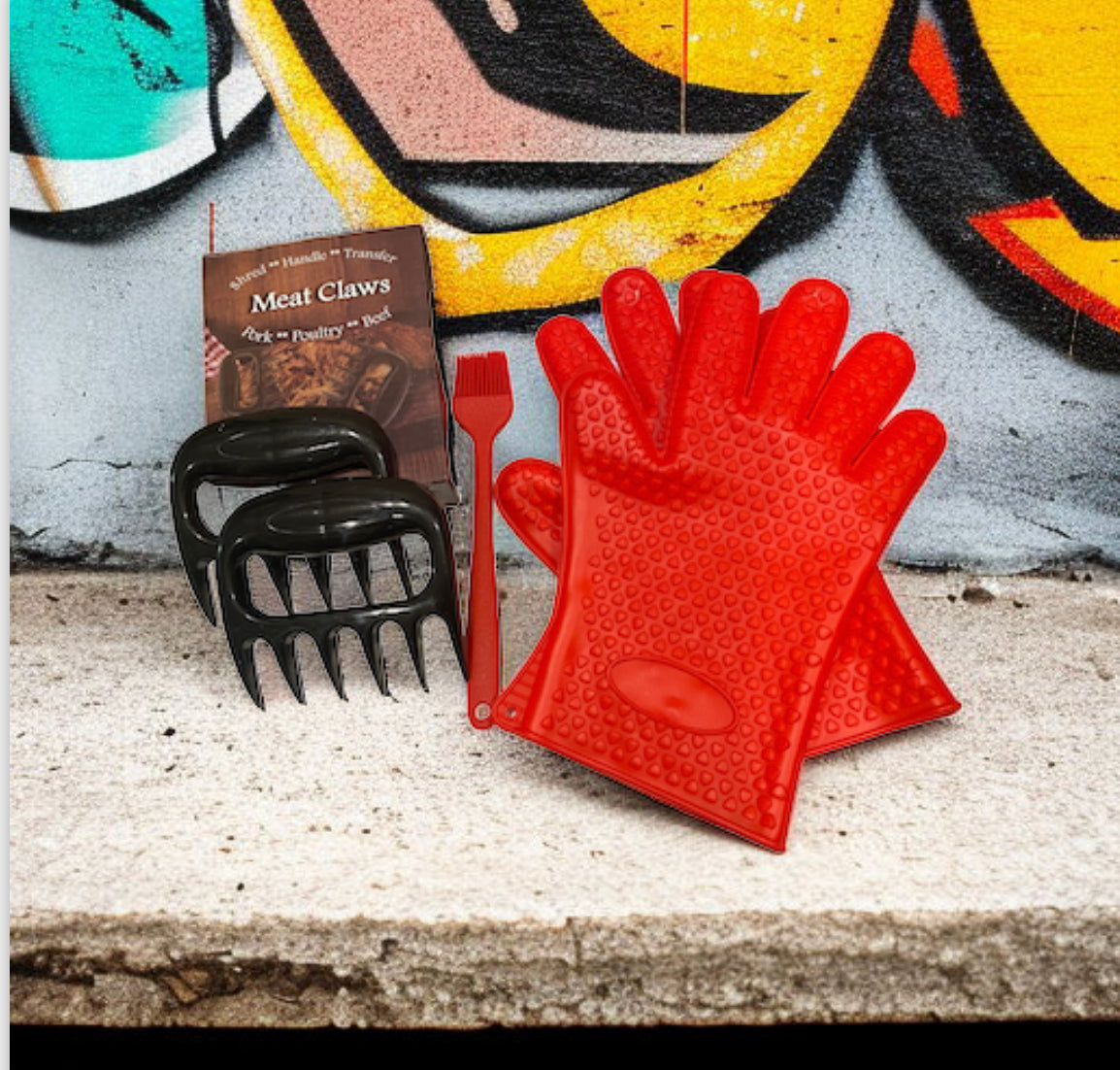 Barbecue Kit includes Red Heat Resistant Gloves, Red Silicone Baster and Meat Claws