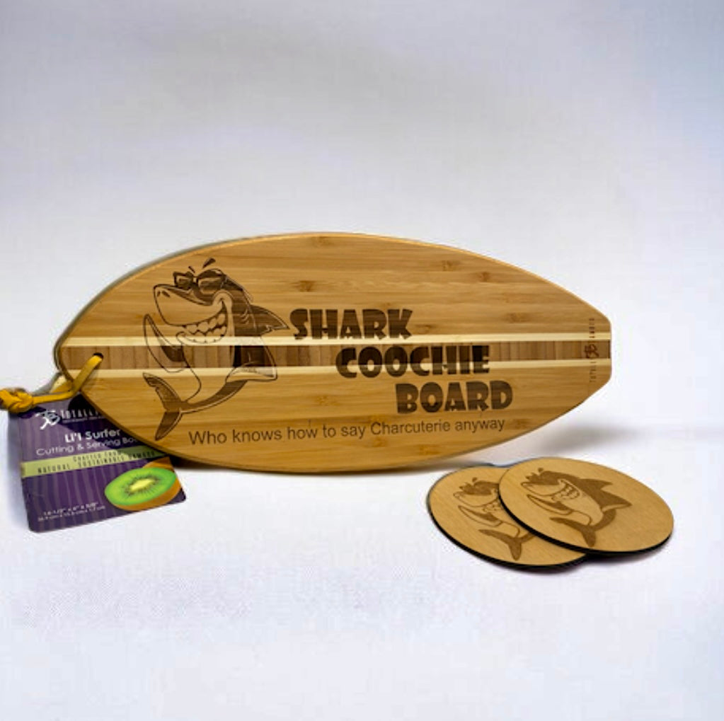 Shark Coochie Surf Board (Charcuterie Board) with 2 Coaster