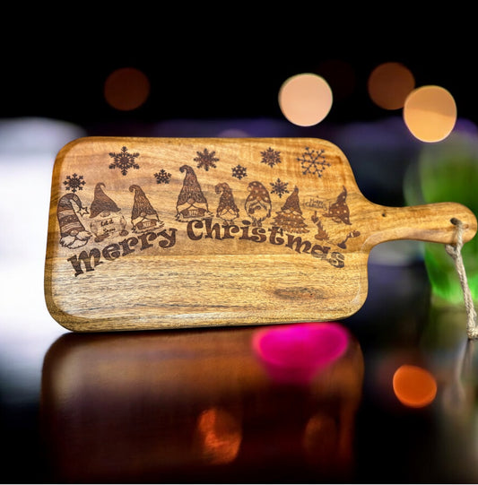 Gnome Christmas Gathering Engraved on Acacia Charcuterie Board With Handle