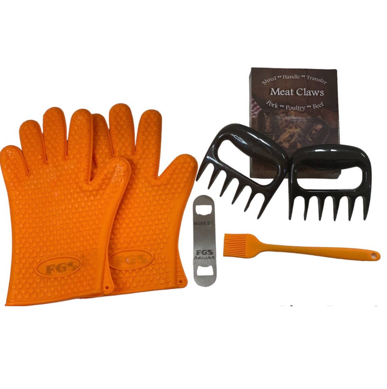 Barbecue Kit includes Red Heat Resistant Gloves, Red Silicone Baster and Meat Claws