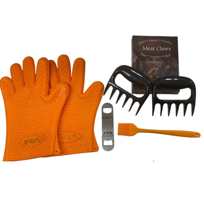 Barbecue Kit includes Red Heat Resistant Gloves, Red Silicone Baster and Meat Claws