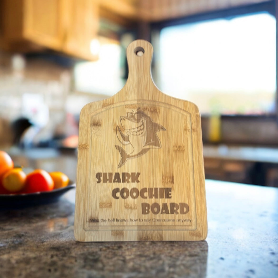 Bamboo Long Handle Charcuterie Board With Laser Engrave Shark Coochie Board