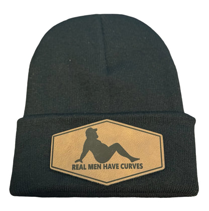 Real Men Have Curves Leather patch on a black beanie