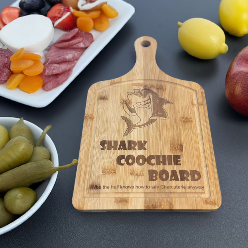 Bamboo Long Handle Charcuterie Board With Laser Engrave Shark Coochie Board