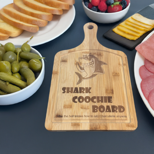 Bamboo Long Handle Charcuterie Board With Laser Engrave Shark Coochie Board